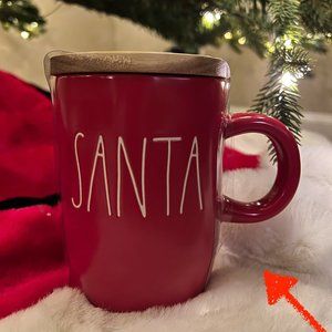 Rae Dunn Red SANTA Mug with Wood Snowflake Coaster Topper White LL